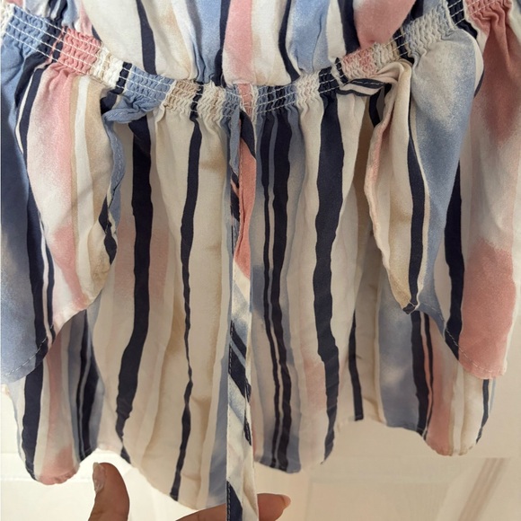 Striped Off-Shoulder Romper - Blue, Pink, White - Picture 5 of 9